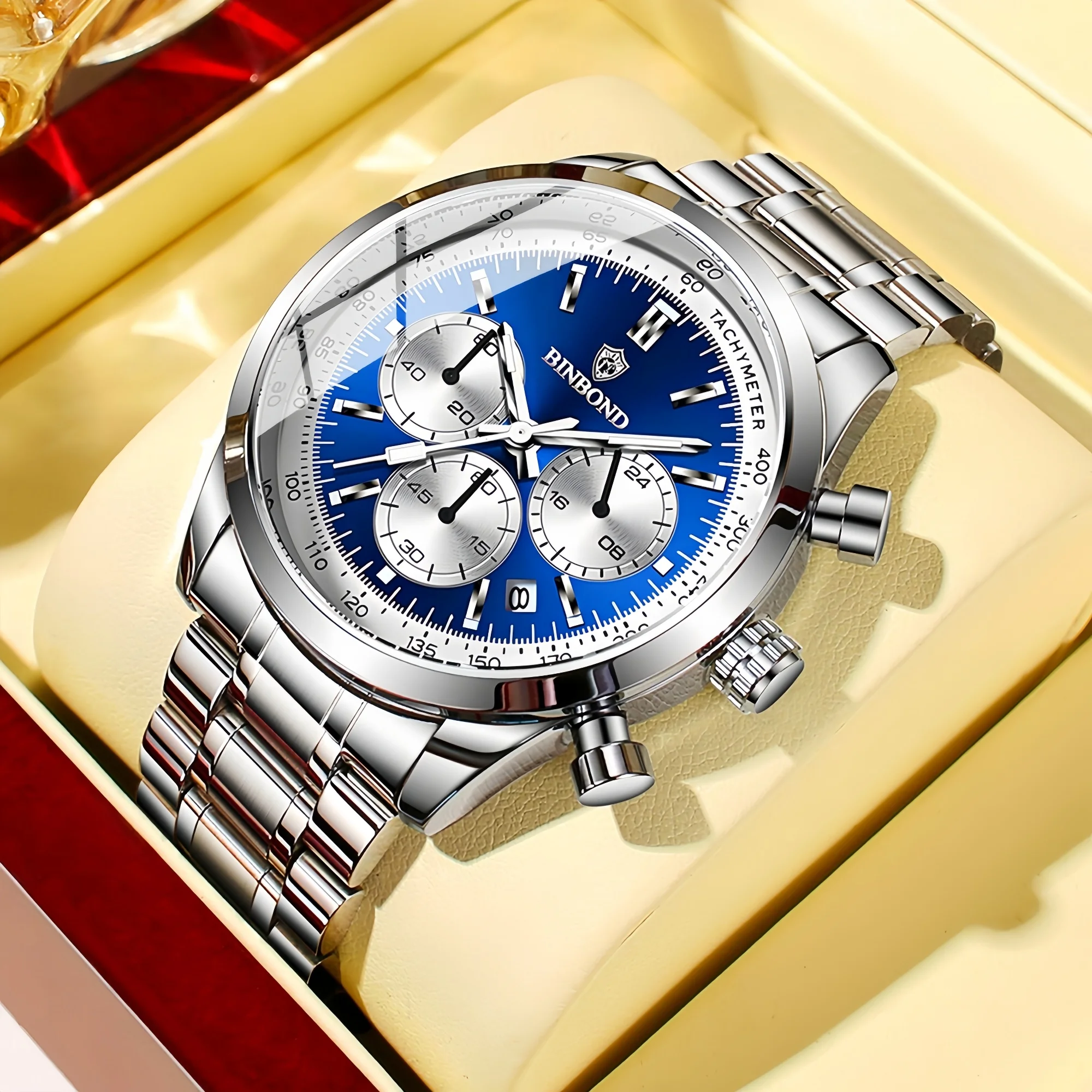 

BINBOND Business Brand Men's Stainless Steel Quartz Watch Complete Calendar Water-Resistance Suitable Festival Birthday Gift
