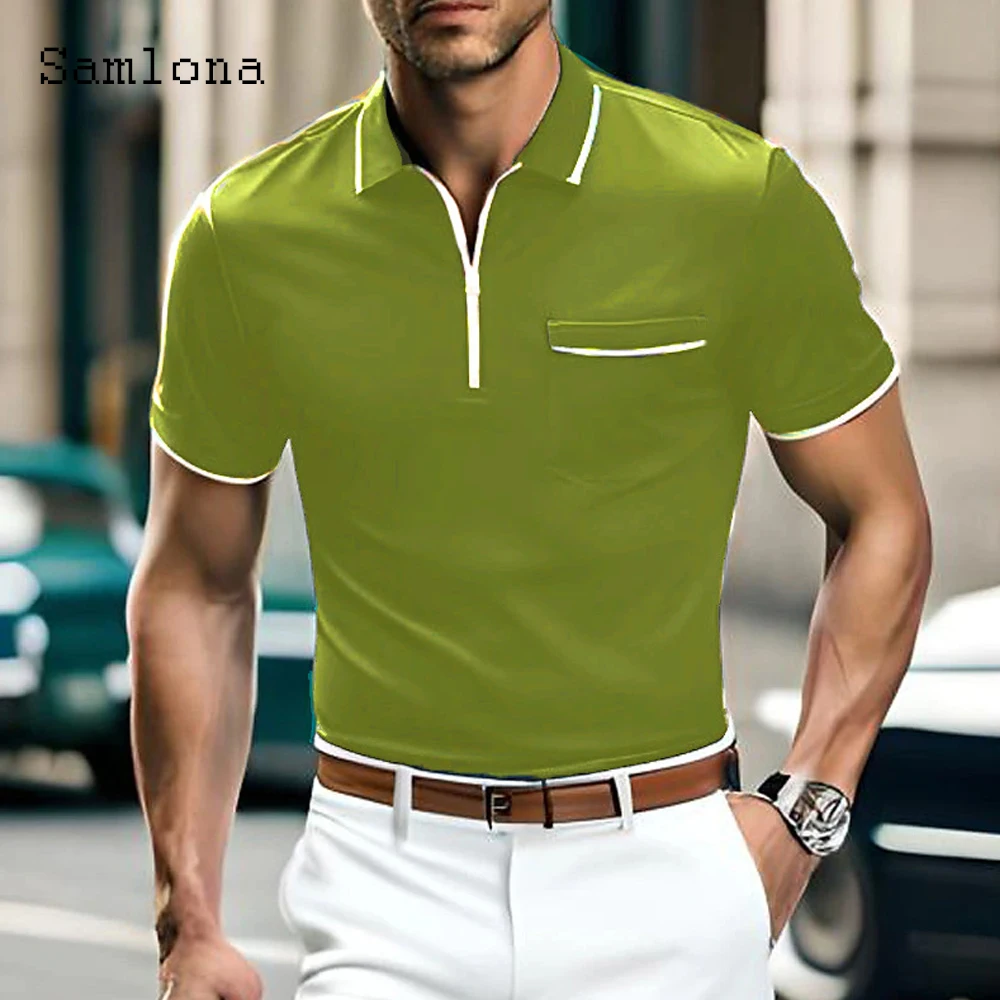 Samlona 2023 European Size Men Elegant Formal Polos Lepal Collar Skinny Basic Tops Streetwear Office Mens Fashion Zipper Shirts