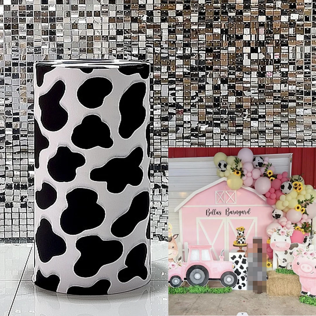 

Farm Theme Cylinder Covers Cow Pattern Stretchy Pedestal Cover for Birthday Baby Shower Desserts Tablecloth Decor Props NO-303