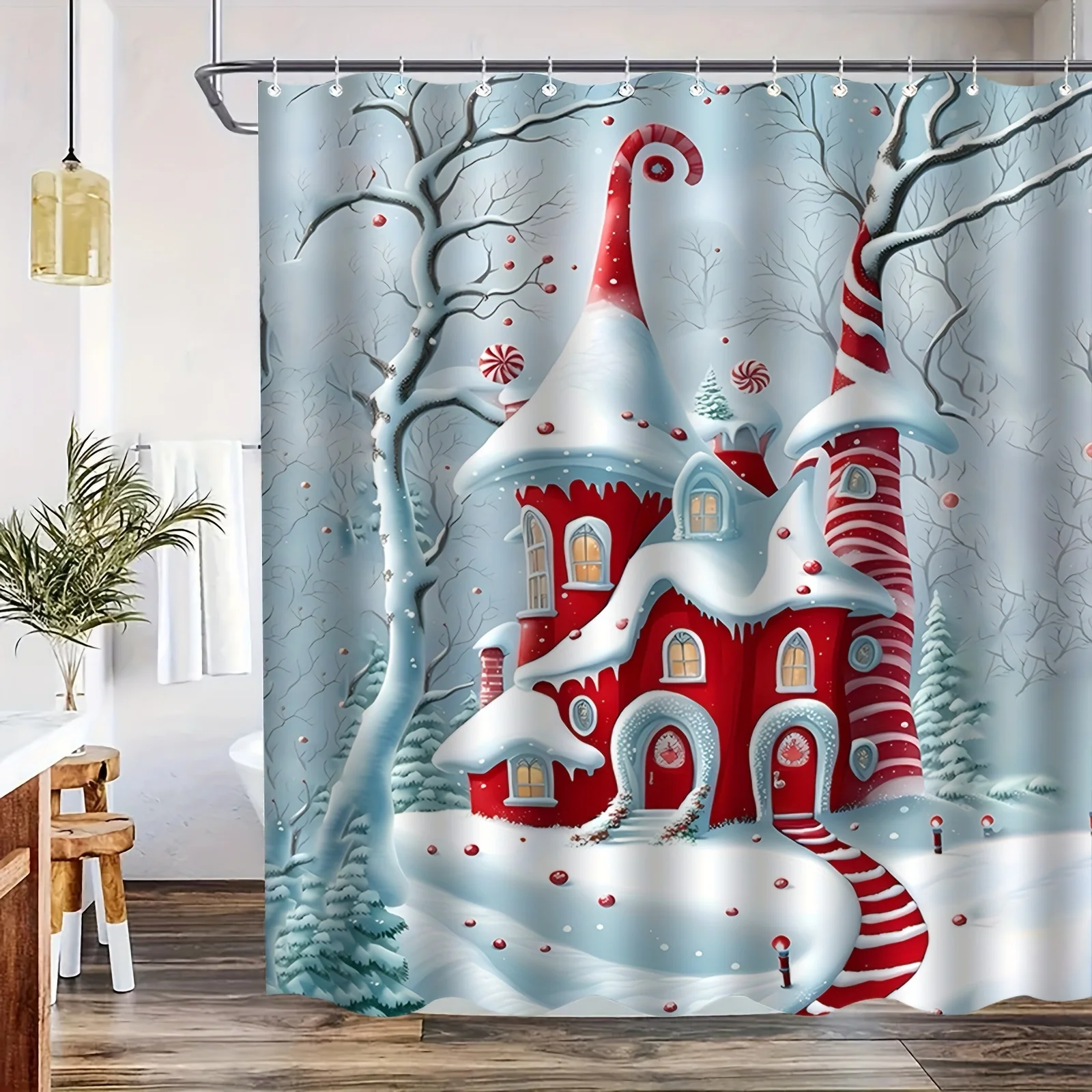 Christmas House Shower Curtain Red Gingerbread Cottage Snowy Forest Print Waterproof Bathroom Decor Xmas Winter Home Bath Screen