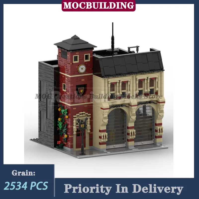 Modelo moderno de posto de bombeiros, blocos de construção, caminhões de bombeiros, escadas em nuvem, arquitetura MOC Street View, brinquedos e presentes para coleta