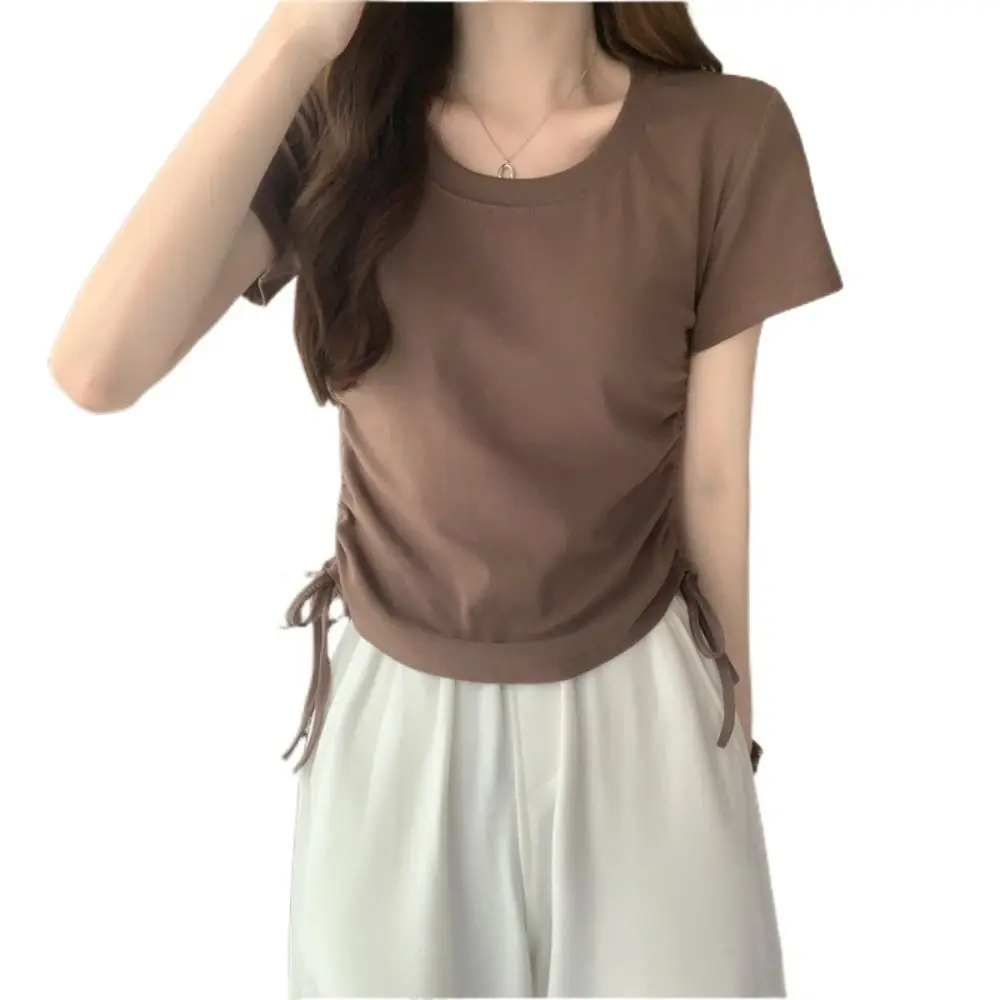 Pullover Drawstring Short-Sleeved T-Shirt Solid Color Ins Style Square Neck Basic Tees Shirt Casual Short Blouse Y2k