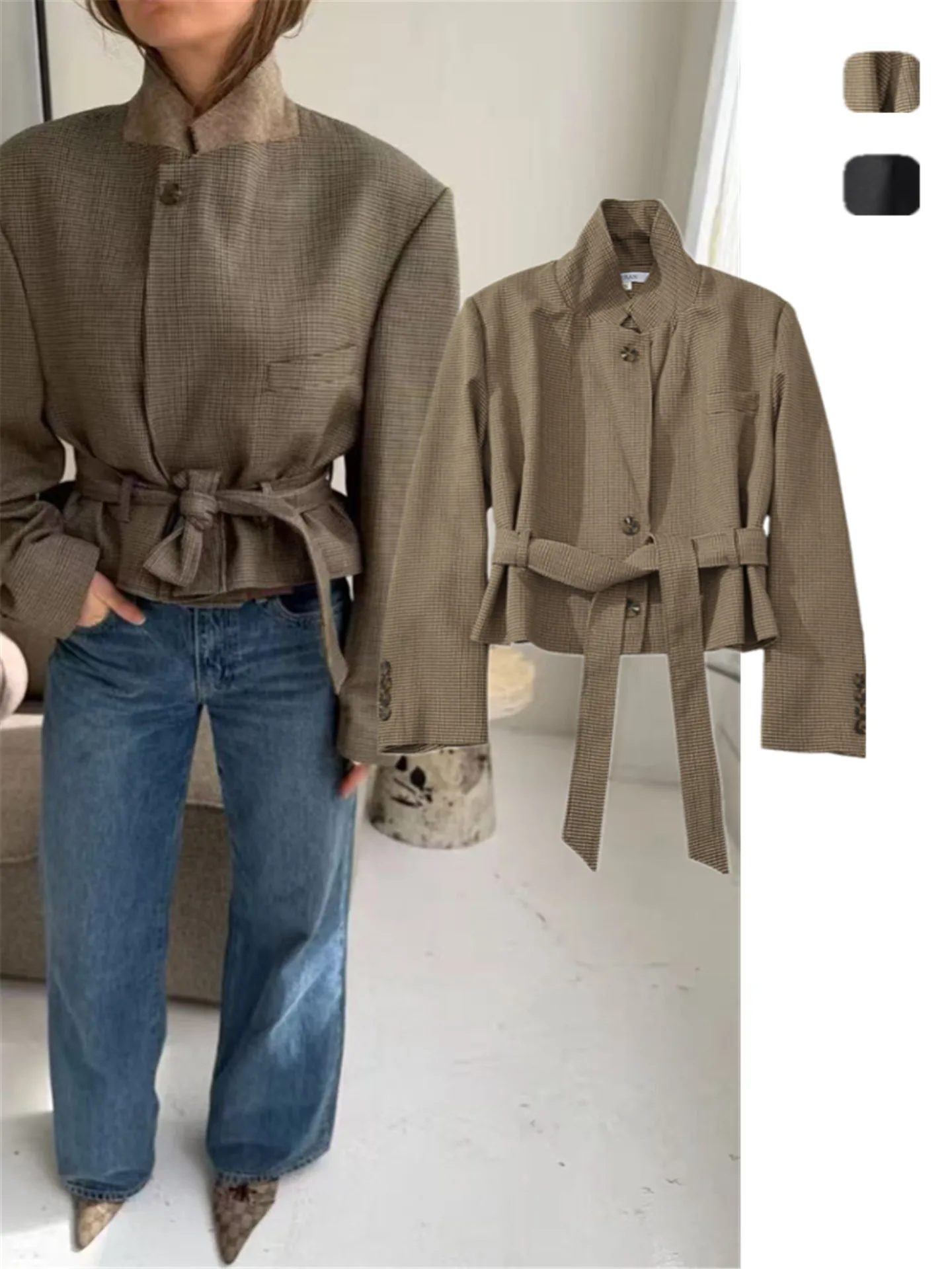 Street Style Short Coat with Waist-Cinching Belt And Notch Collar for Women Fashionable Commute Ready Retro Top