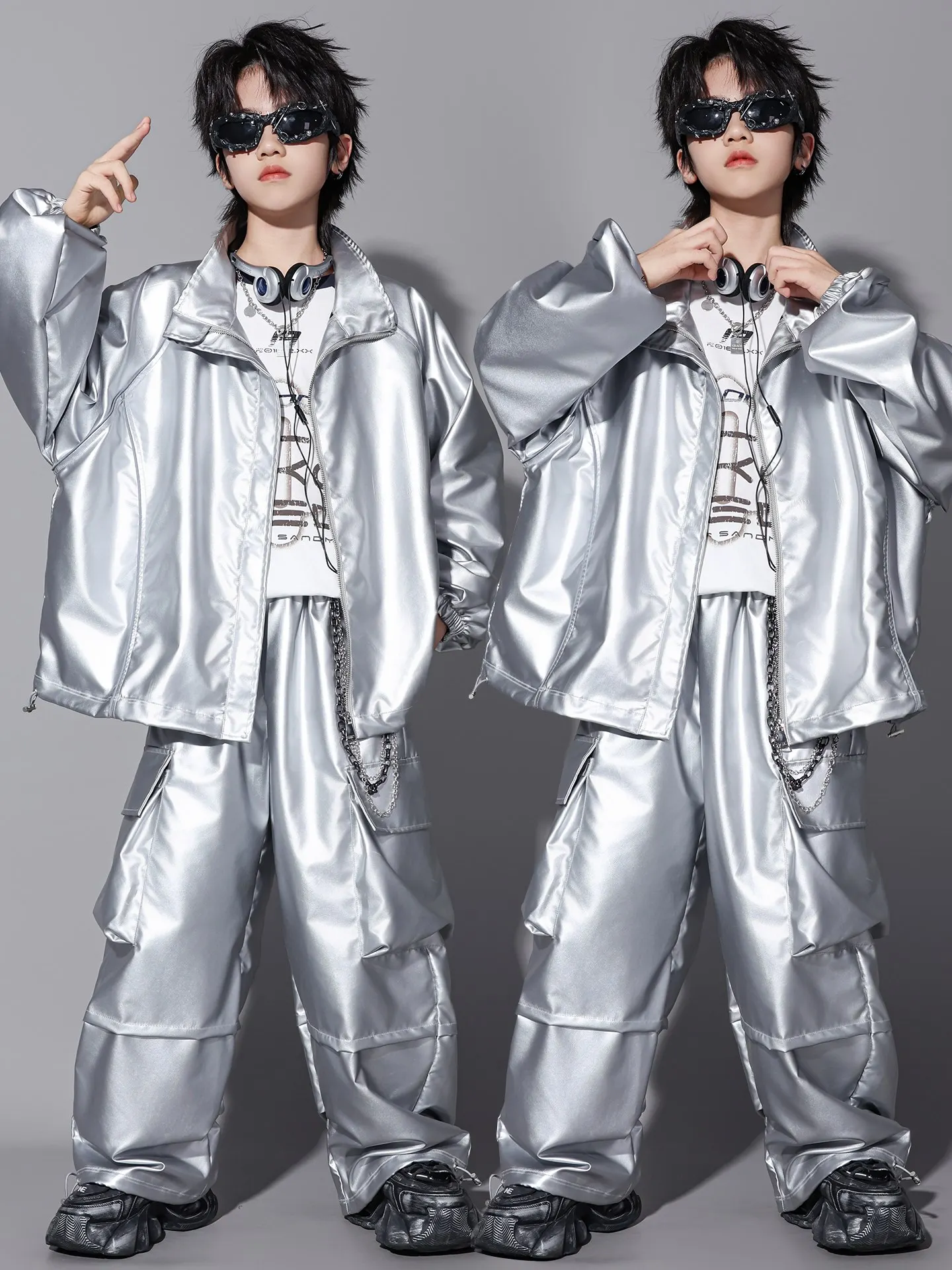 

2024, танцевальный костюм в стиле хип-хоп, серебряный костюм для мальчиков и девочек, мешковатое пальто, брюки с длинными рукавами, одежда для джазовых танцев, сценические наряды