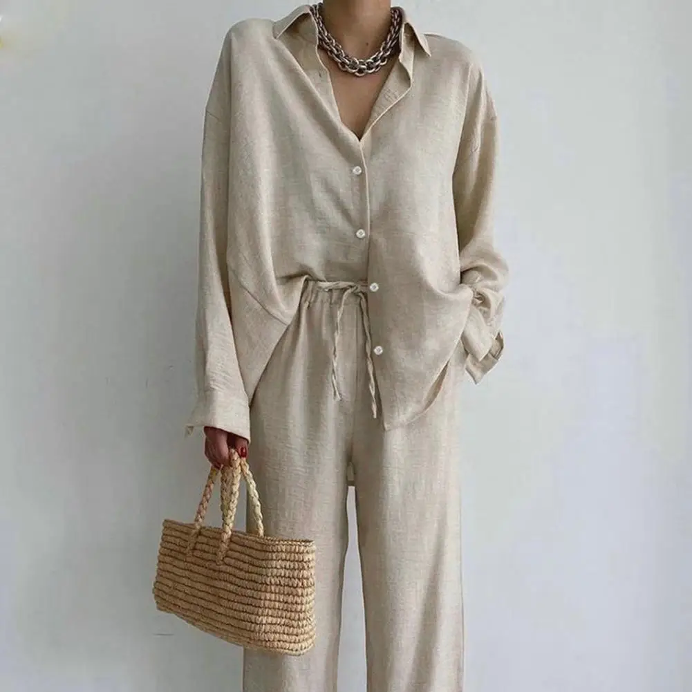 Summer Shirt Pants Two Piece Set Lapel Single-breasted Long Sleeves Drawstring Wide Legs Women Casual Suit Top Trousers Outfit