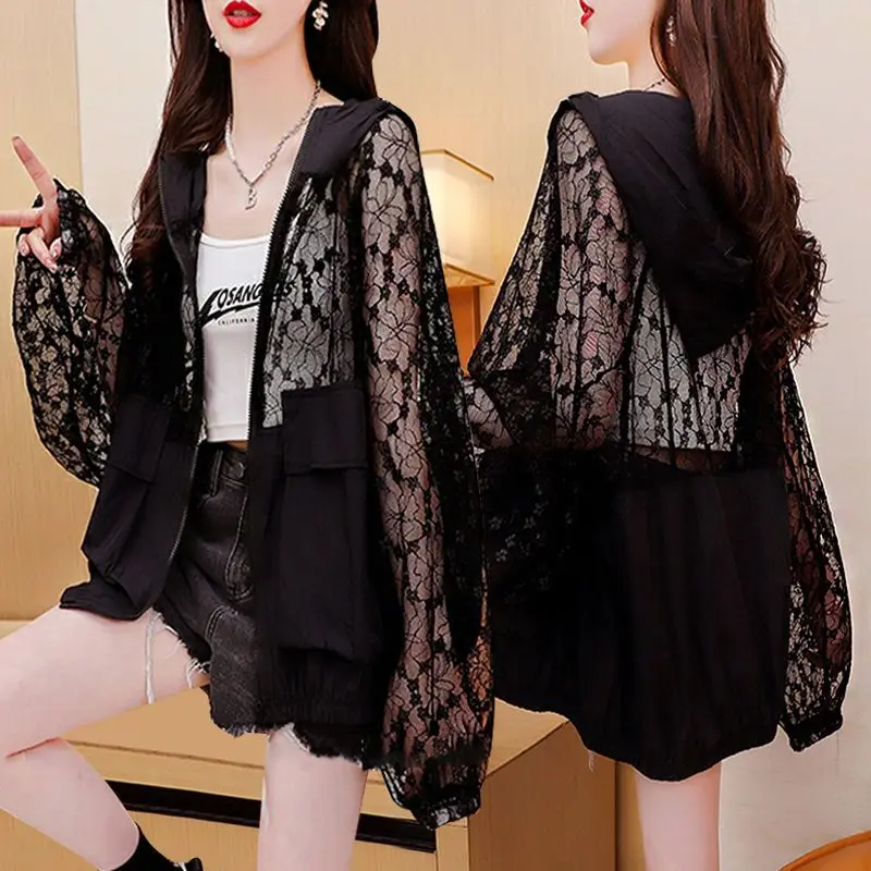 

Sunscreen Clothing Lace Hollowing Out Female Summer New Coat Cardigan Hooded Tops Pocket Hooded Zipper Loose Leisure Breathable