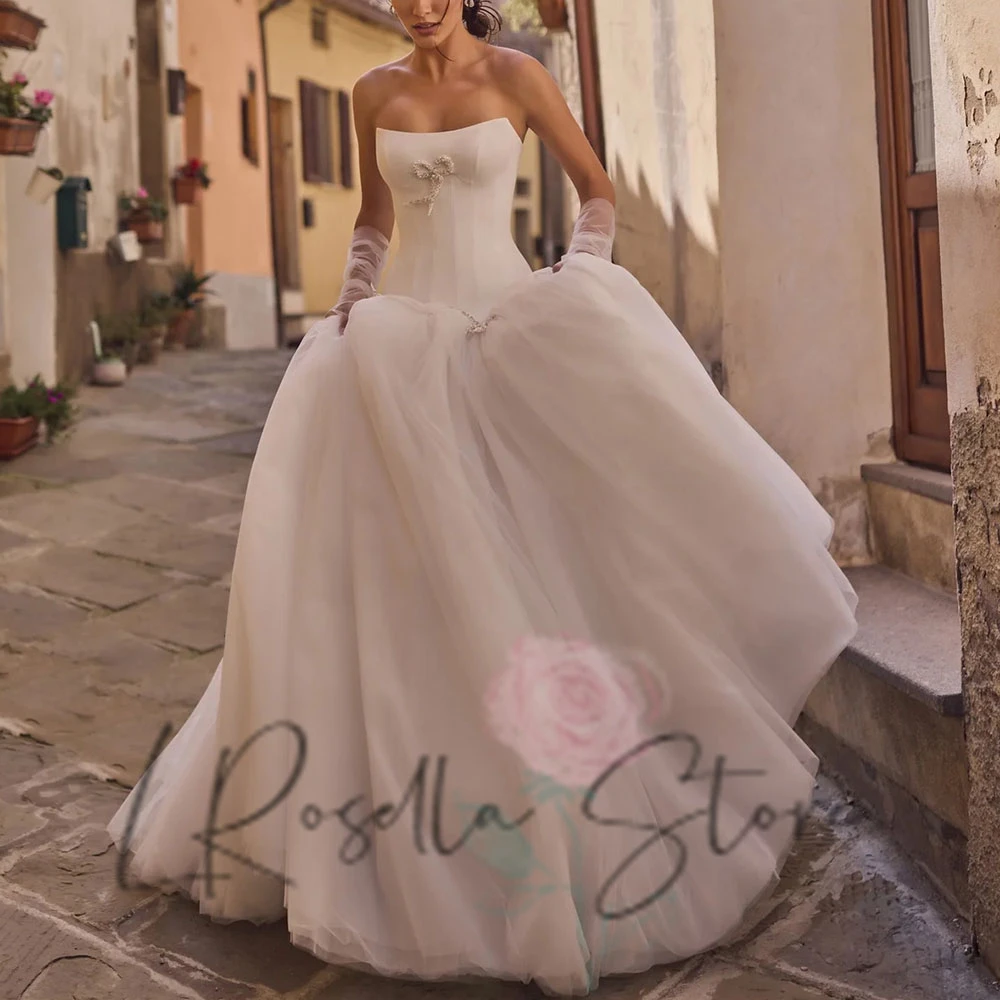 

LRosella Elegant Strapless Pearls Bow Customized Bridal Ball Gown With Sleeveless A Line Wedding Dress vestidos de novia 2025