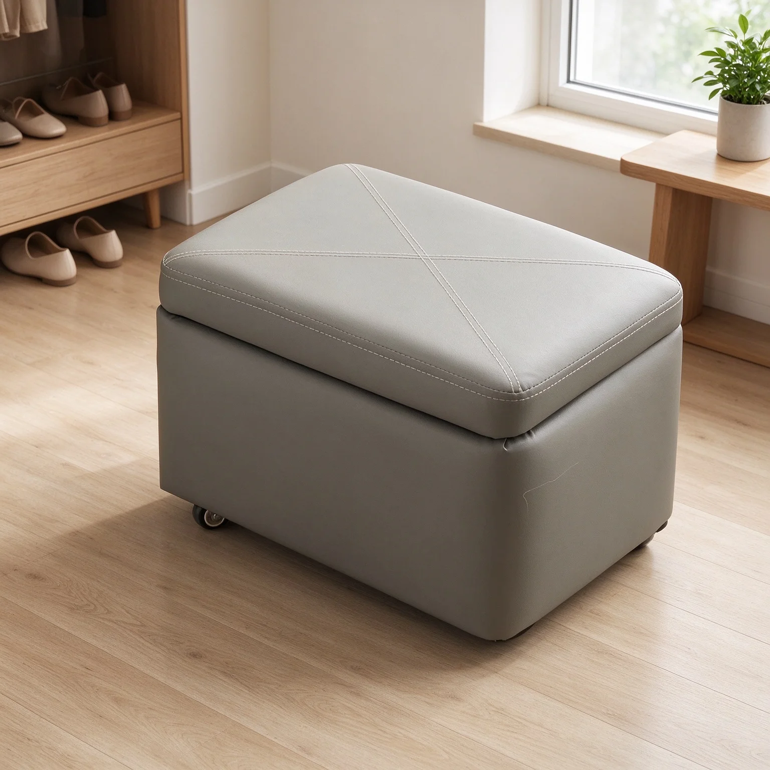 Rolling Shoe-Changing Stool with Storage, Compact Mobile Ottoman with Swivel Casters for Low Entryway Seating
