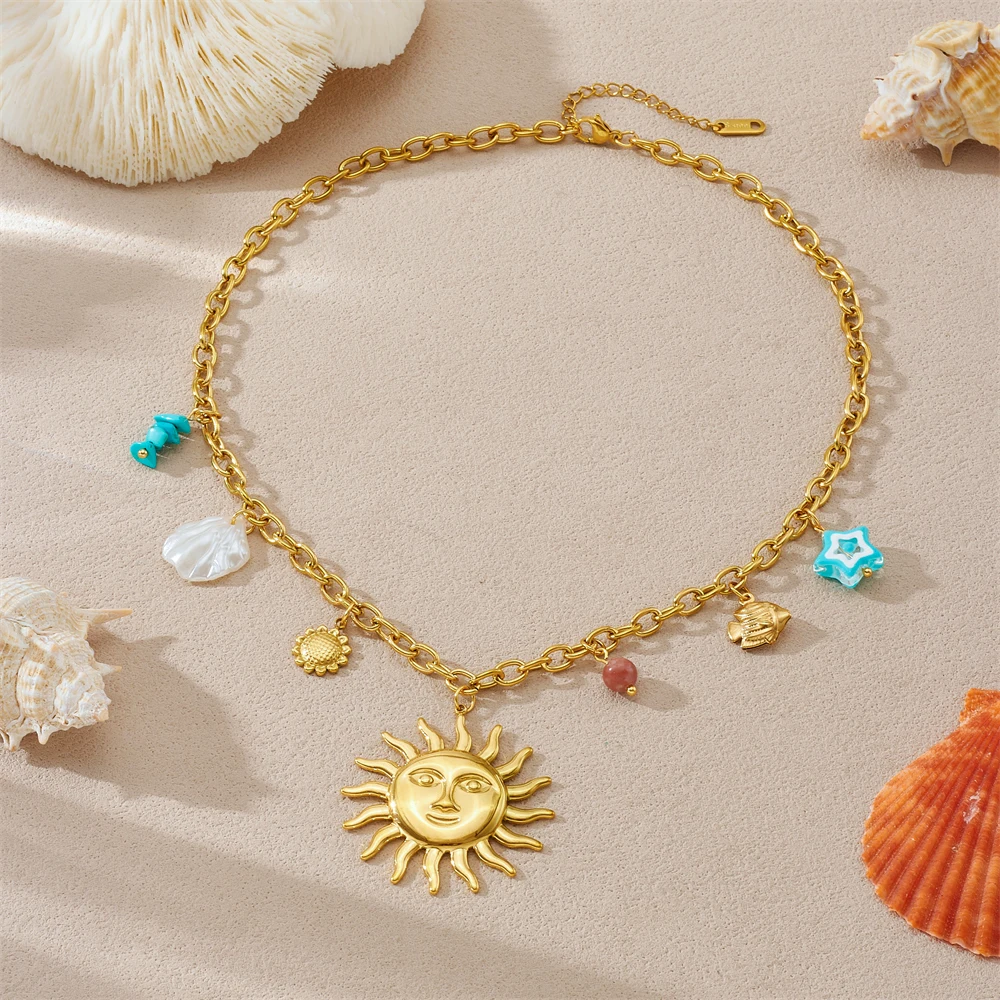 

LAMENGLY 316L Stainless Steel Exaggerated Style Face Sun Turquoise Flower Fish Pendant Necklace Women New Trend Neck Chain Gifts