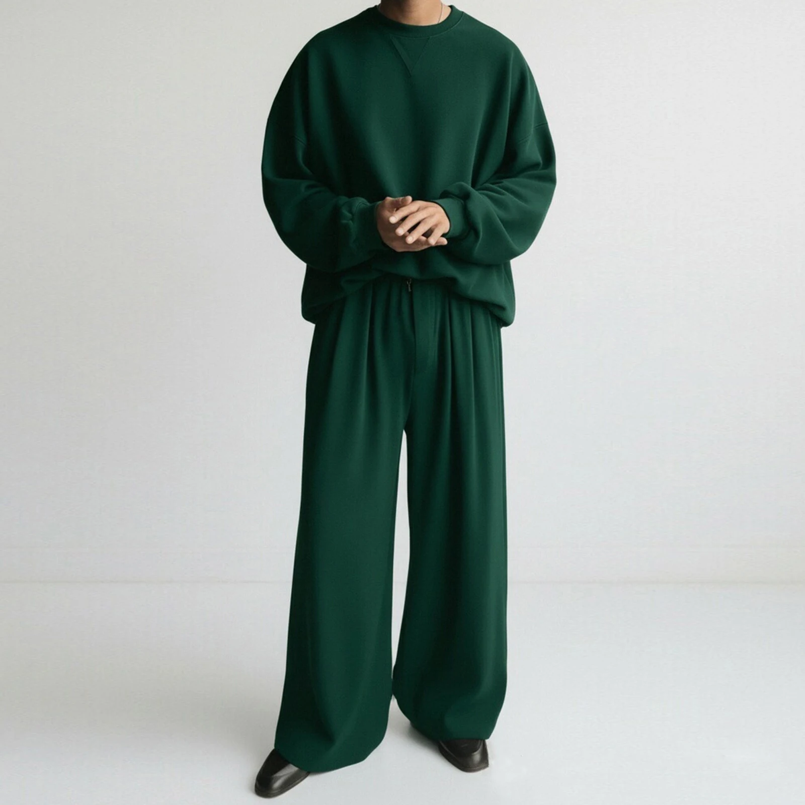 Men Sweatsuits Sets Solid Color Long Sleeve Round Neck Sweatshirt + Wide Leg Pants 2 Pcs Fall Outfits