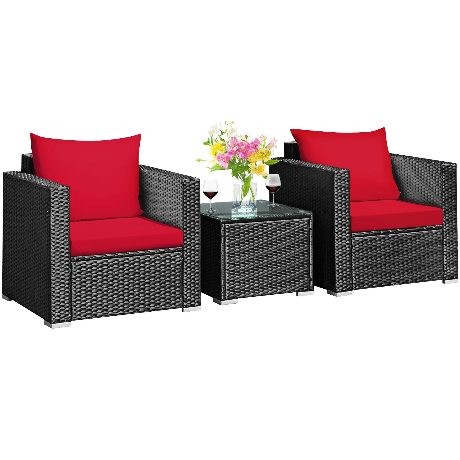 

3PCS Patio Rattan Wicker Furniture Set Sofa Table W/Cushion Yard Red
