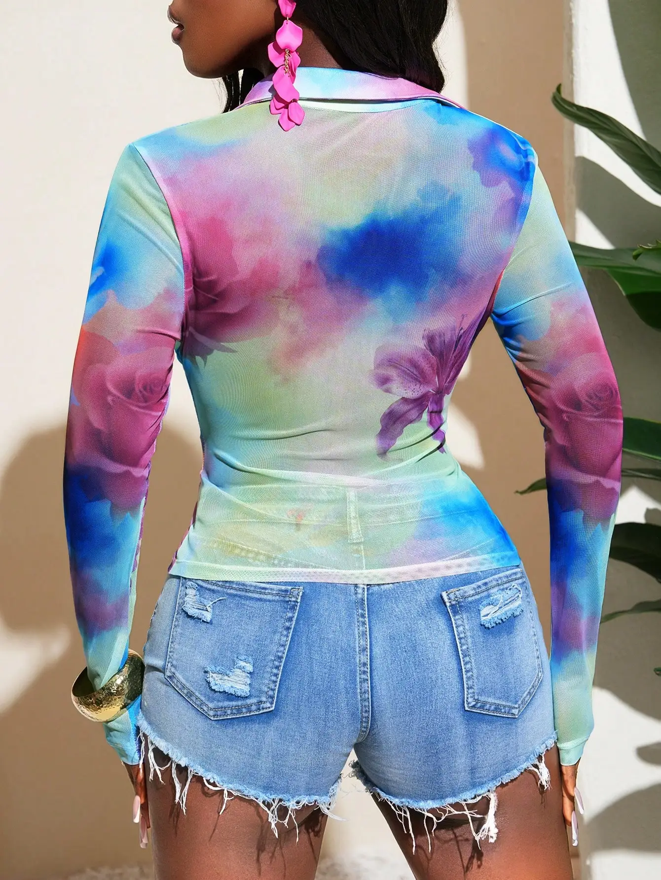 

Элегантная сексуальная блузка с цветочным принтом и сетчатыми вставками на пуговицах для женщин, весна-лето