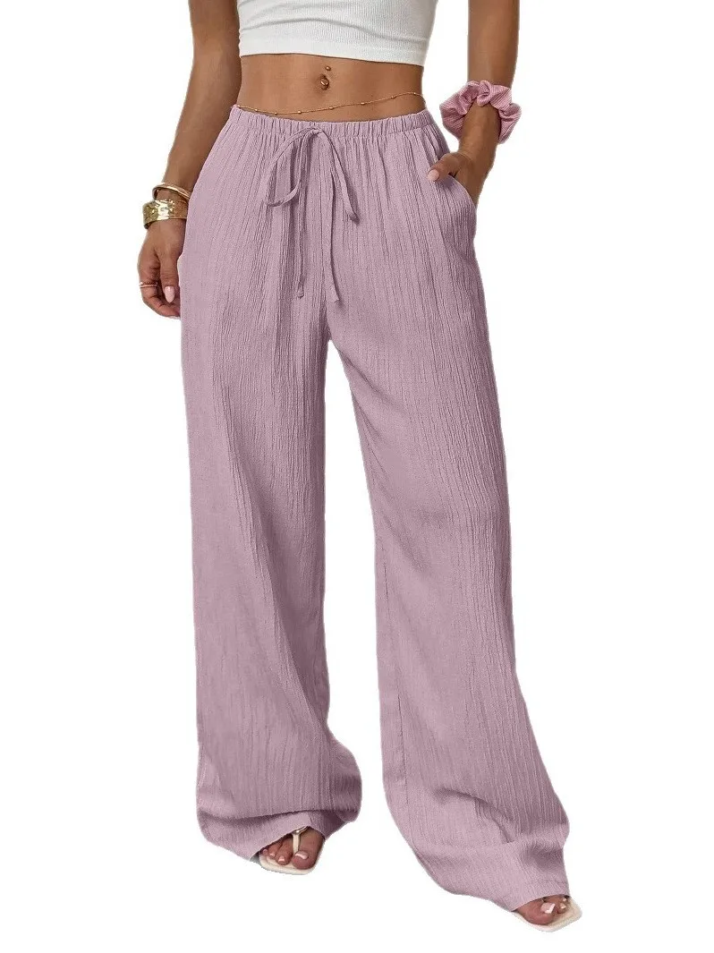 Pantalones de pierna recta con cordón de cintura alta, pantalones largos de calle Sle, pantalones casuales de pierna ancha de cintura alta de fibra de poliéster
