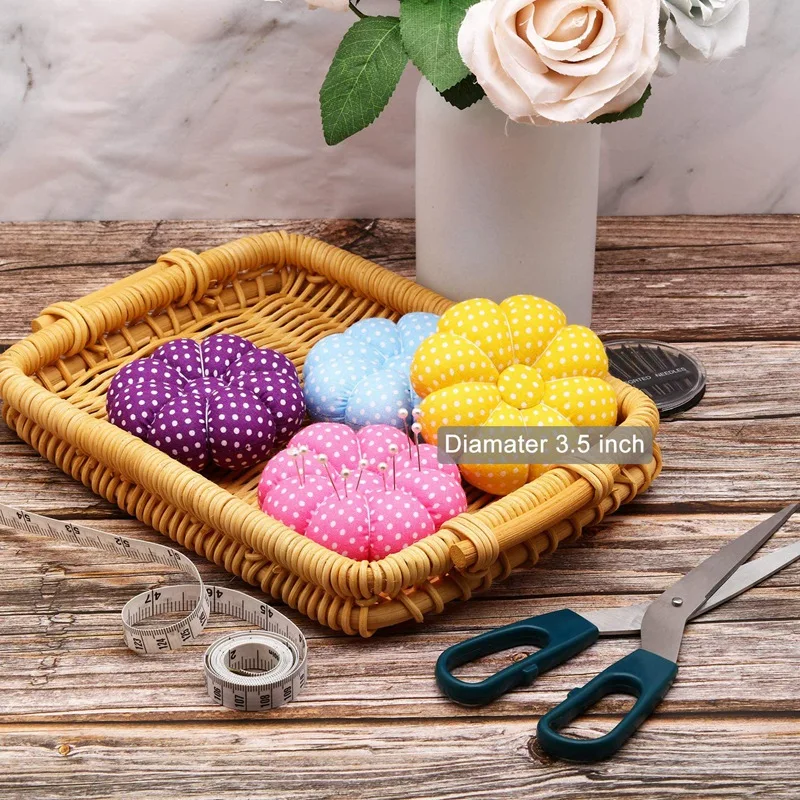 Cojín de alfiler de muñeca, cojín de alfiler de costura de calabaza, cojín de aguja usable con soporte de banda elástica ajustable, 4 piezas