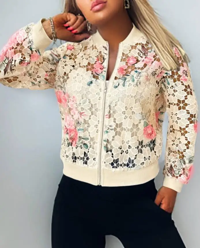 Y2K Women's Jacket 2025 Fashion Floral Print Baseball Collar Zip Up Water-Soluble Lace Coat Casual Hollow-Out Bomber Jacket