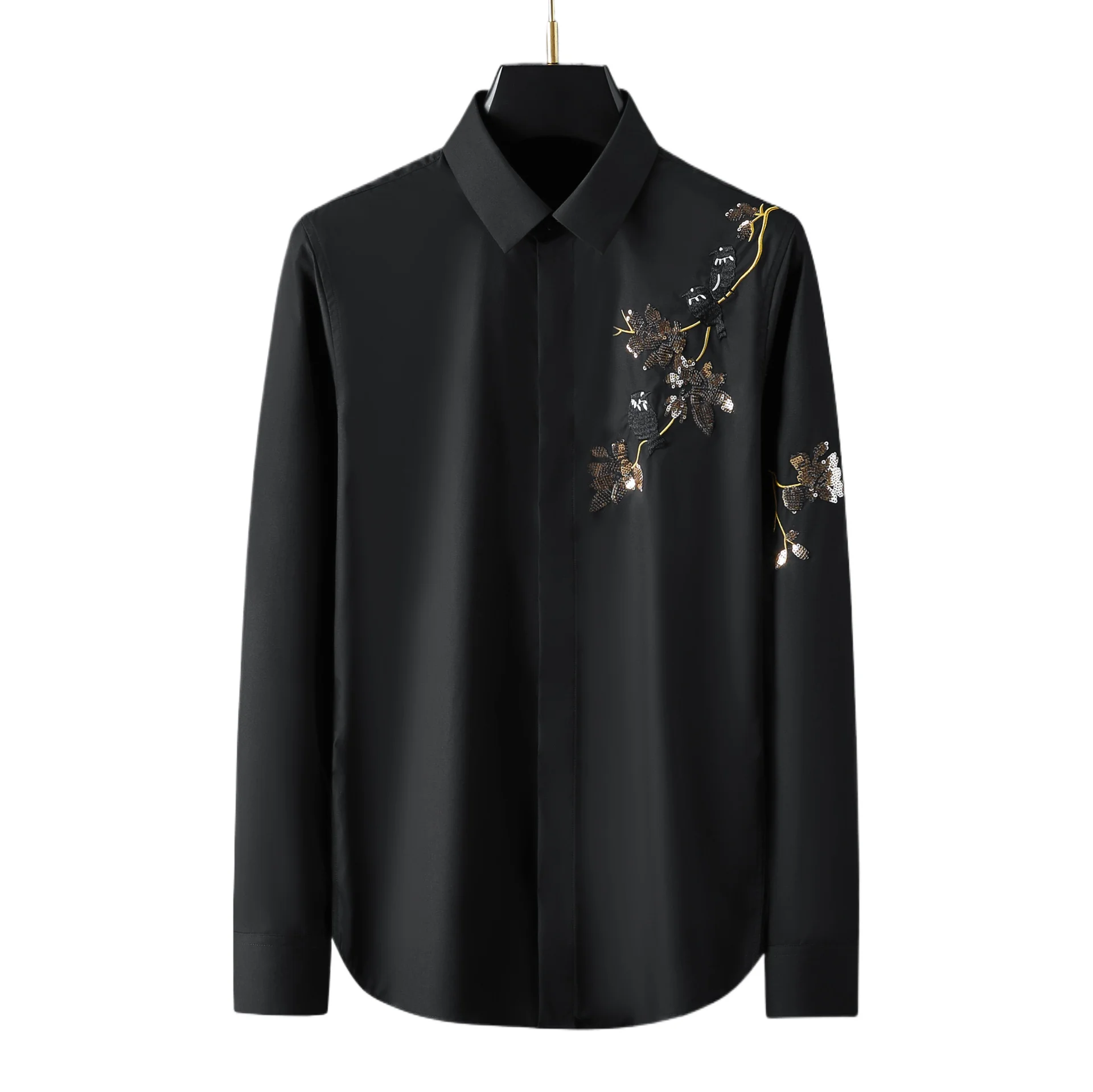Brand Golden Sequin Embroidered Men's Long Sleeved Shirt Trend Slim Fit Banquet Party Casual Shirts Star Stage Performance Shirt