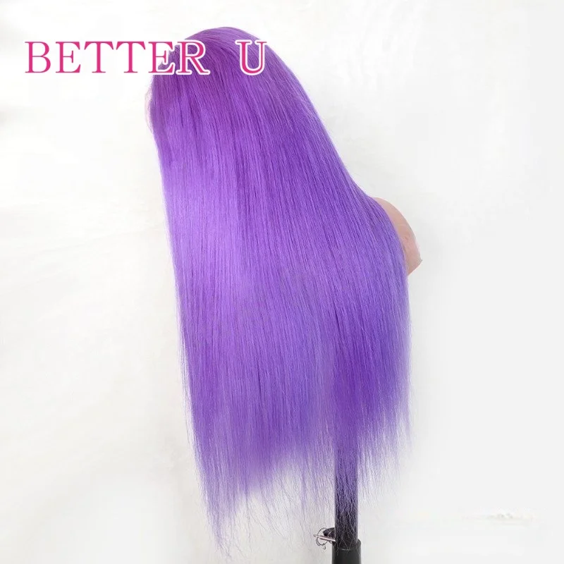 Violet Colored Human Hair Wig Straight 13x6 Purple Transparent Lace Front Wig Pre Plucked Human Hair Lace Frontal Wig For Women