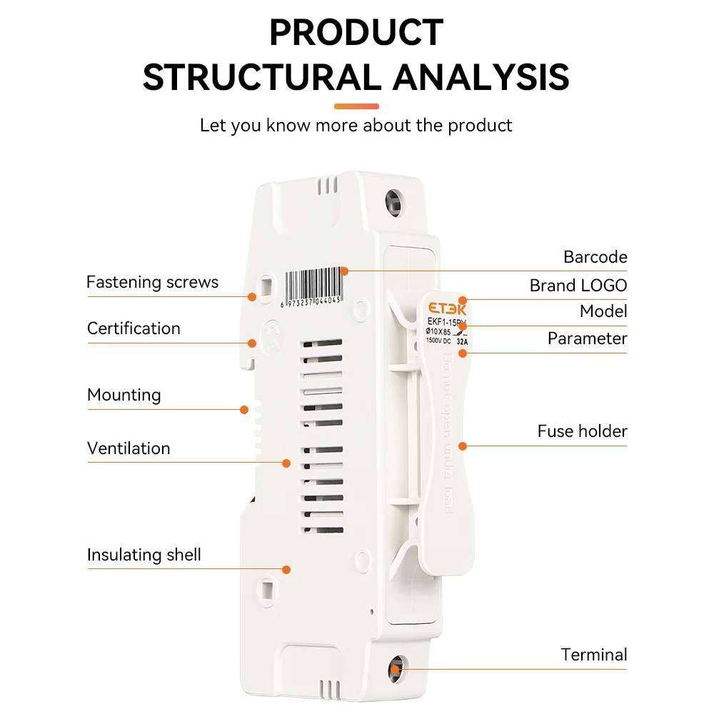 ETEK DC Solar Fuse Holder 1500V 1P 15A 20A 25A  Photovoltaic Fuse Base Link PV System GPV 10x85mm DIN Rail EKF1-15PV-10L