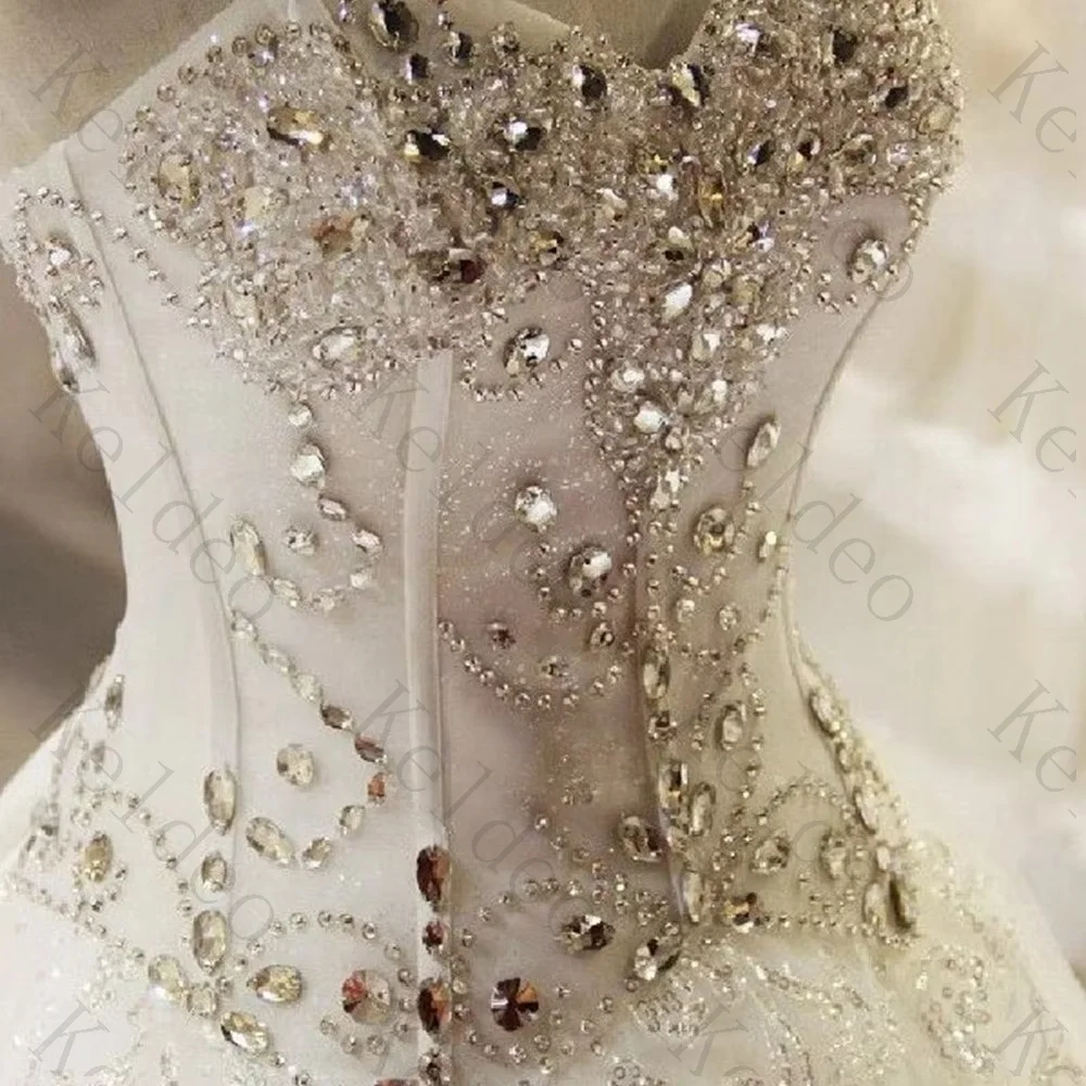 Customized Exquisite Strapless A-line Sleeveless Wedding Dresses Sexy Crystals Sequins Tulle Floor-Length Open Back Bridal Gowns