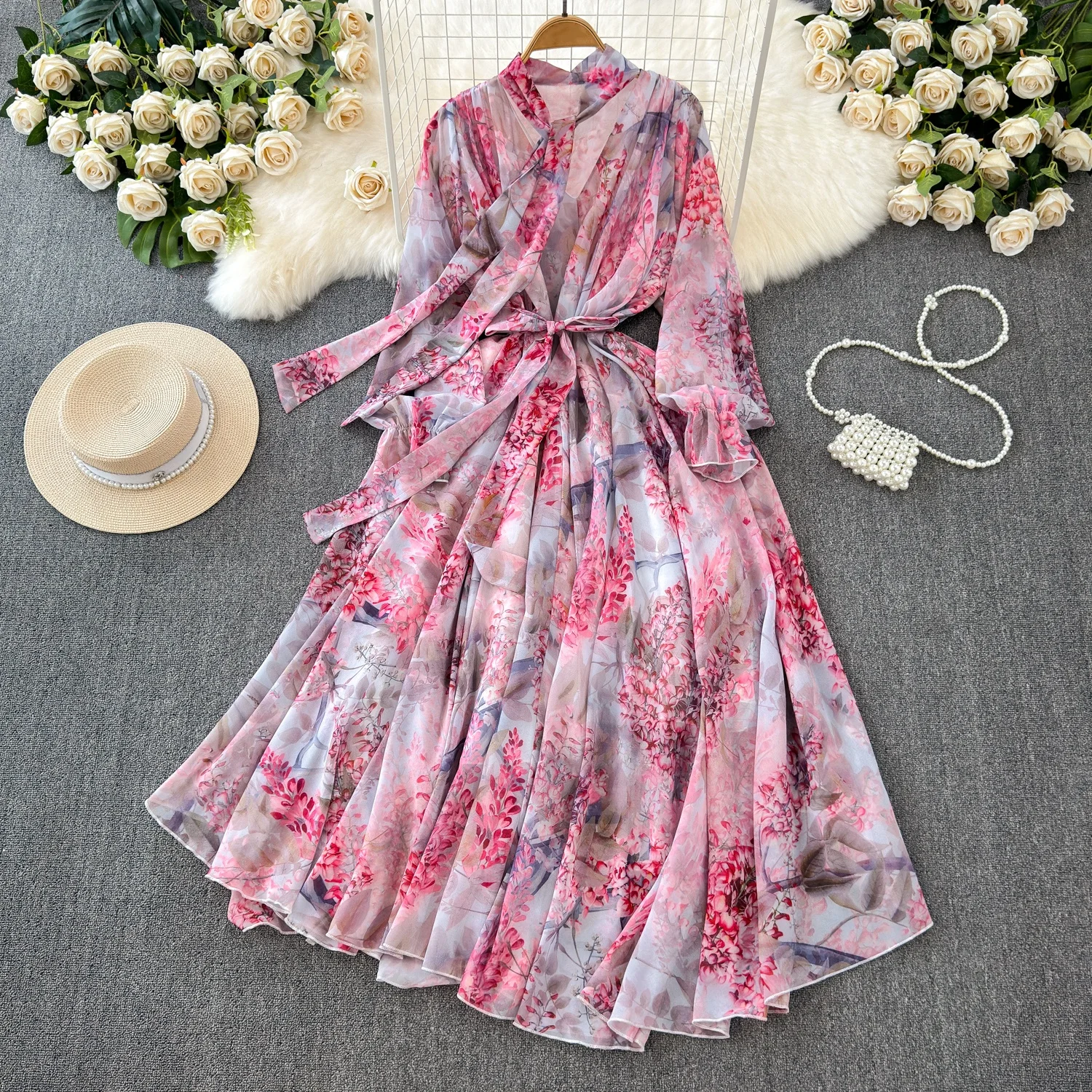 Clothland Women Vintage Floral Chiffon Maxi Dress Bow Tie Sashes Long Sleeve One Piece Chic Long Dresses Vestido QD789