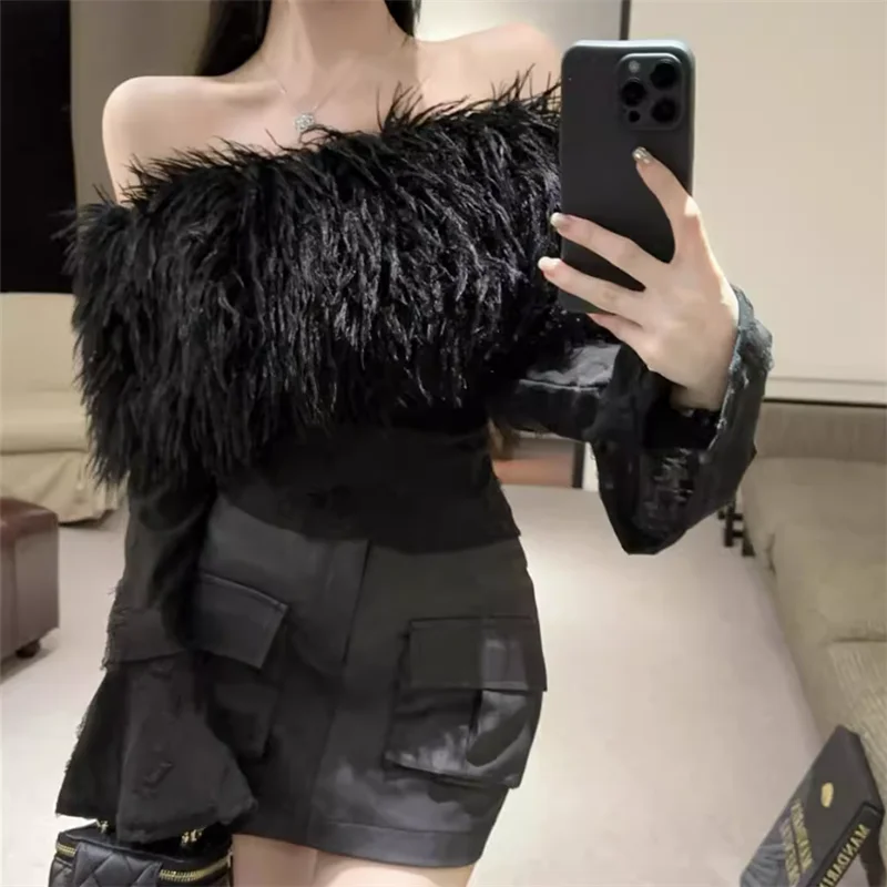 أسود كاكي الفراء المرقعة مائل الرقبة سليم تي شيرت 2025 خريف جديد شيك مضيئة كم علوي قبالة الكتف كم طويل قاع قميص #6