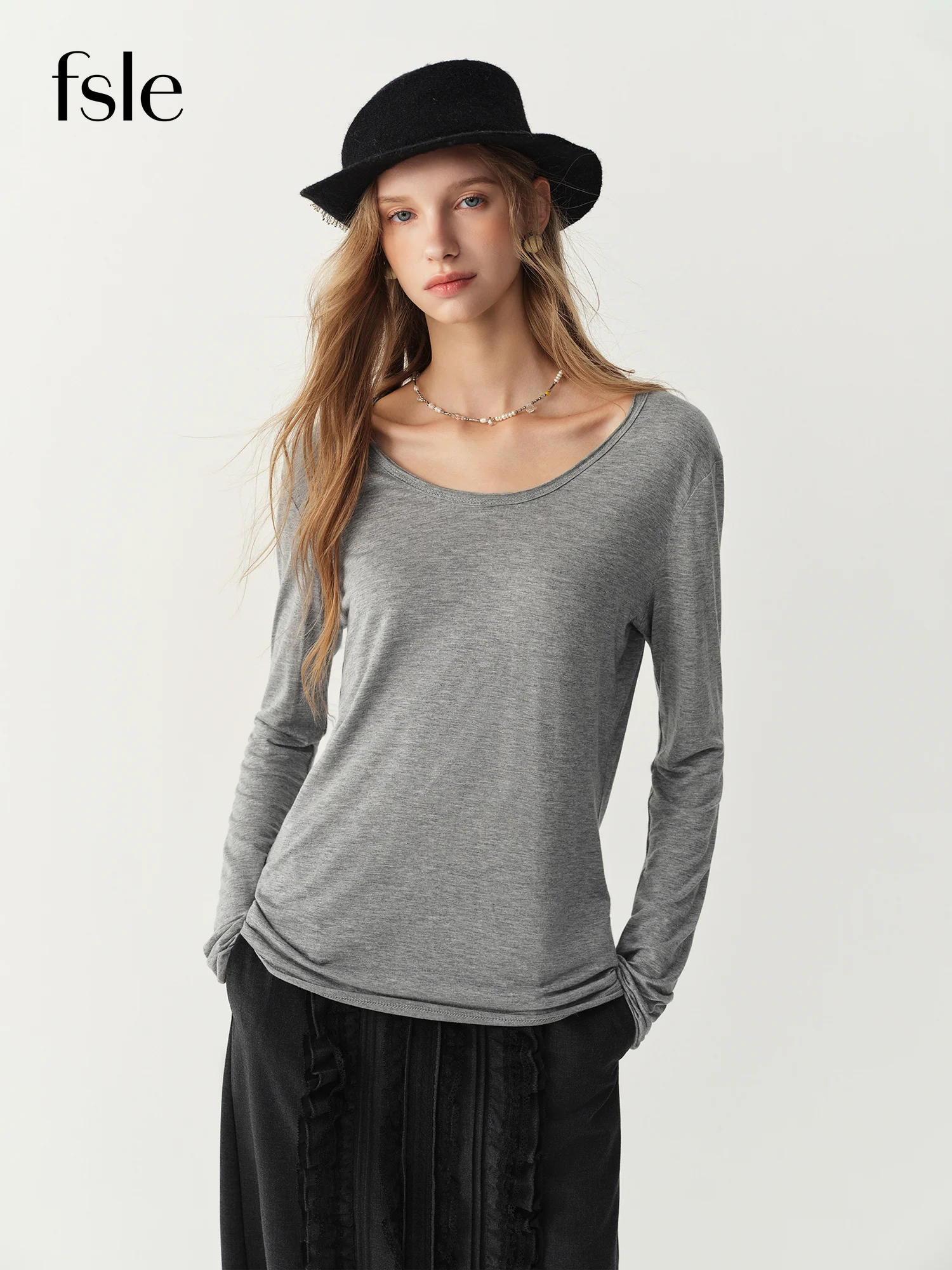 FSLE Women's Linen Soft Skin-friendly Basics T-shirt 2026 Autumn and Winter New Style Long Sleeve Round Neck Simple Casual