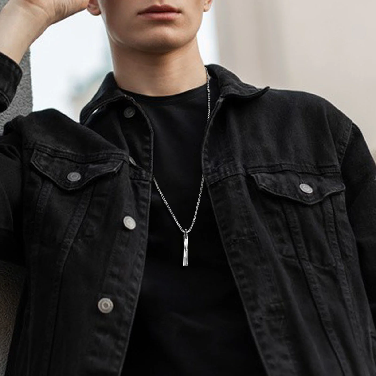 Men's Fashion Mobius Vertical Bar Necklaces, Tungsten Carbide Geometric Pendant Collar Gifts for Him, Stainless Steel Box Chain