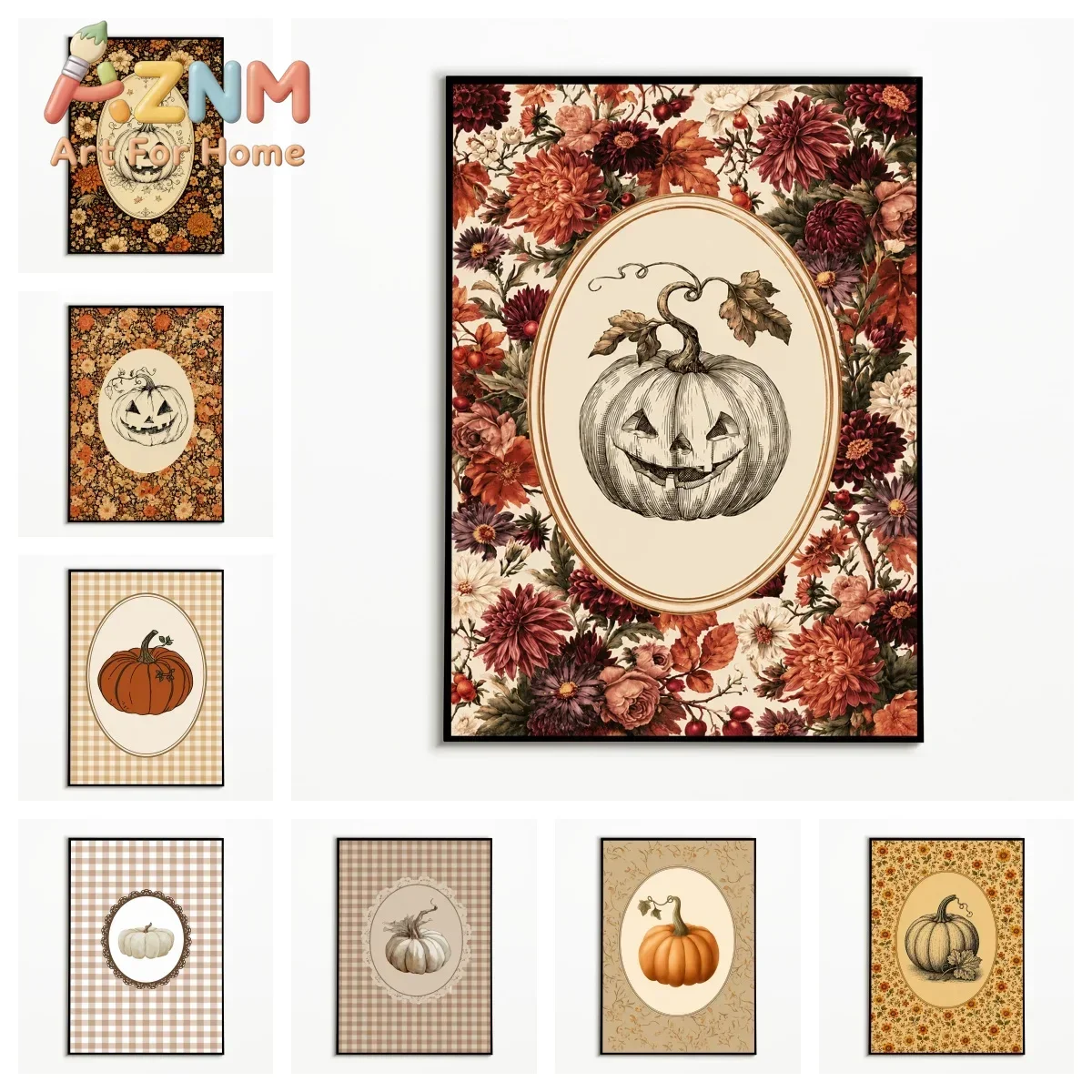 1PC Vintage Floral Pumpkin Poster Autumn Halloween Wall Art Thanksgiving Harvest Canvas Printing Fall Gift Room Wall Decoration