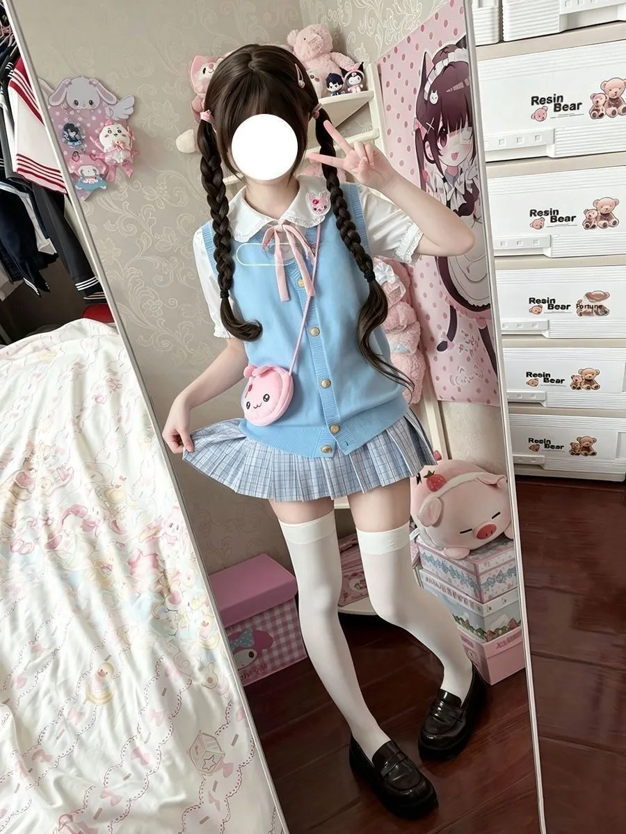 Blue Knitted Skirt Vest Top Set Soft Girl Summer School Uniform Style Bubble Water JK Outfit Casual Breathable Polyester Fabric