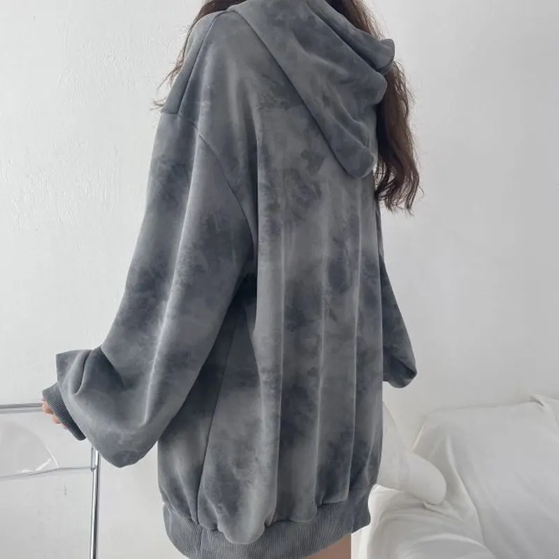 Long Sleeve Pullovers Hooded Sweatshirts Fashion Loose Tie Dye Streetwear Thin Autumn Drawstring Pocket Women Clothing 2023 New