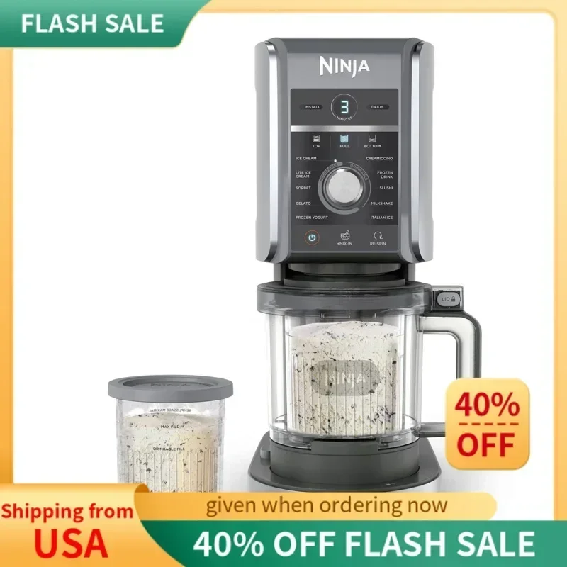 QWNinja وصانع الحلويات المجمدة للآيس كريم، شربات، ميلك شيك، المشروبات المجمدة والمزيد، مع حاوية بينت بحجم عائلي مقاس XL