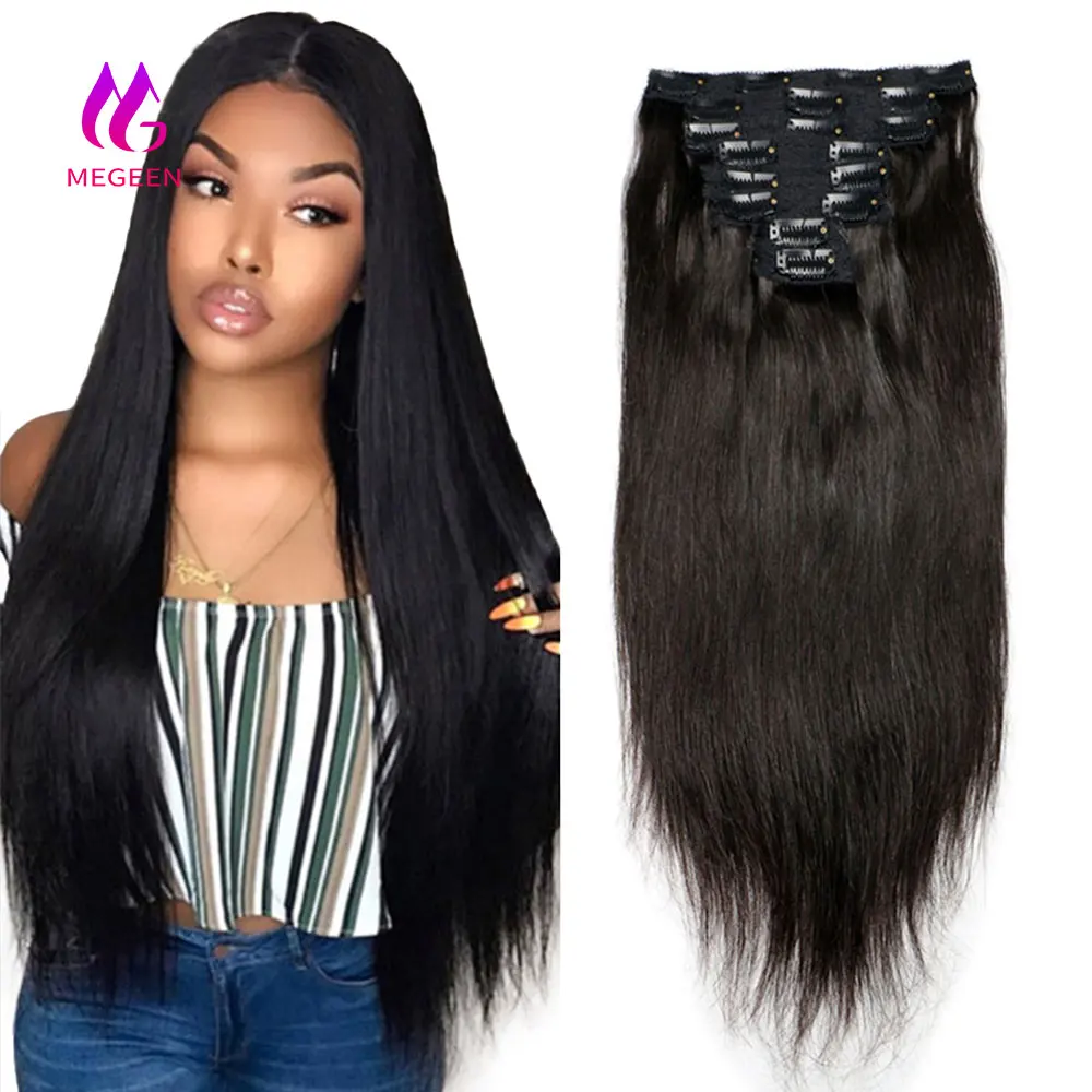 Megeen Straight Clip In Hair Extensions Real Human Hair Natural Black 120g Full Head 8pcs Clip ins Seamless Straight Clip on 1B