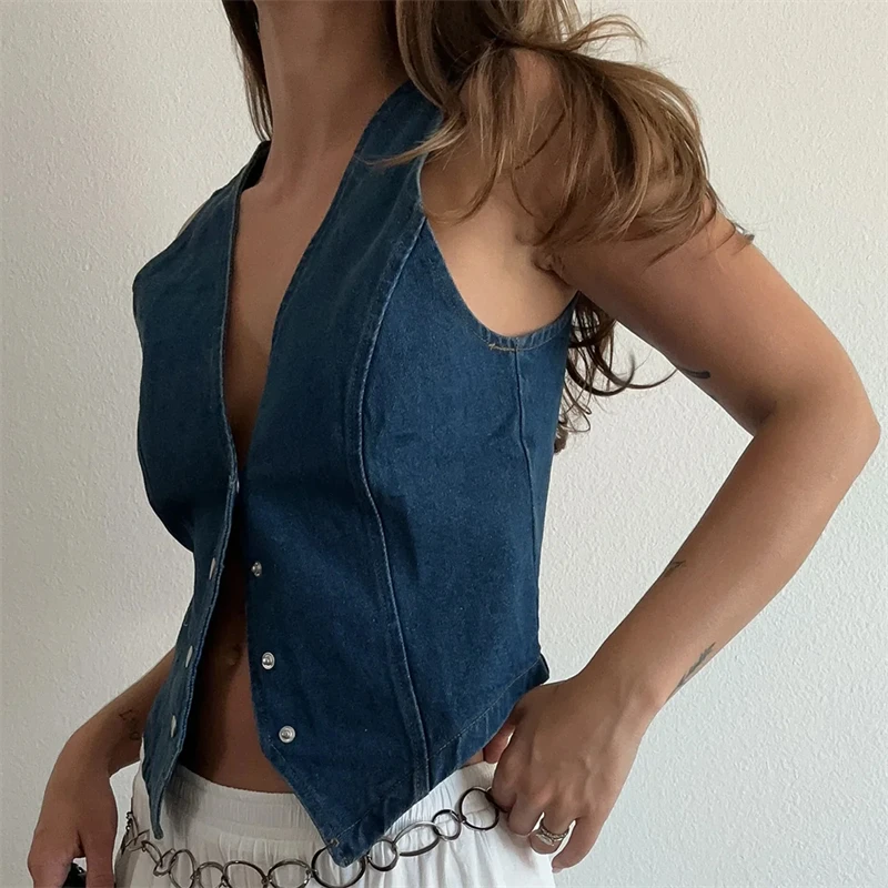 Frauen Vintage ärmellose V-Ausschnitt Knopf Weste Damen einfarbige Jeans Outwear Weste Jacke Outfits lässig schlanke Jeans-Top