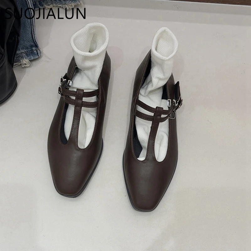 SUOJIALUN Spring New Women Flat Shoes Fashion Round Toe Shallow Slip On Ladies Mary Jane Shoes Flat Heel Outdoor Dress Ballerina