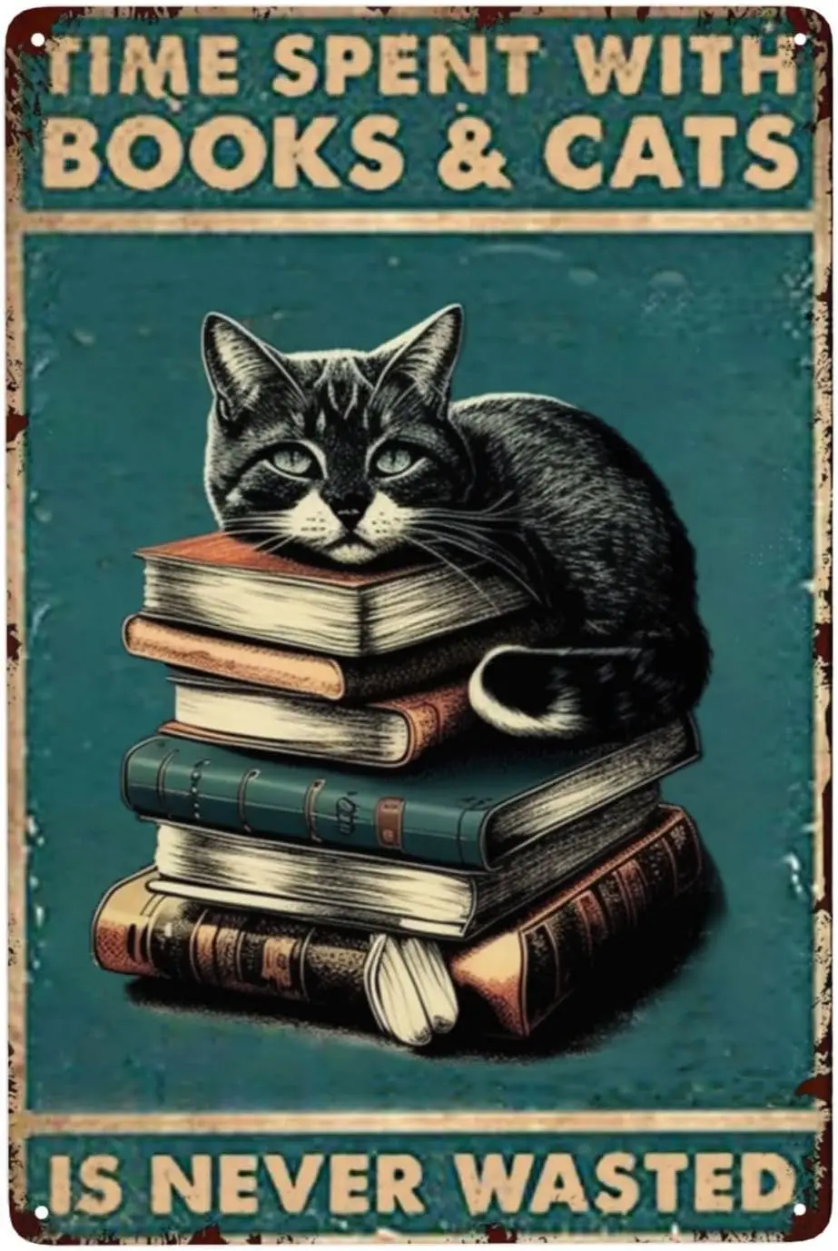 Black Cat Coffee Bar Sign: Time Spent with Books & Cats is Never Wasted - Retro Tin Poster for Farm Home & Office Decor