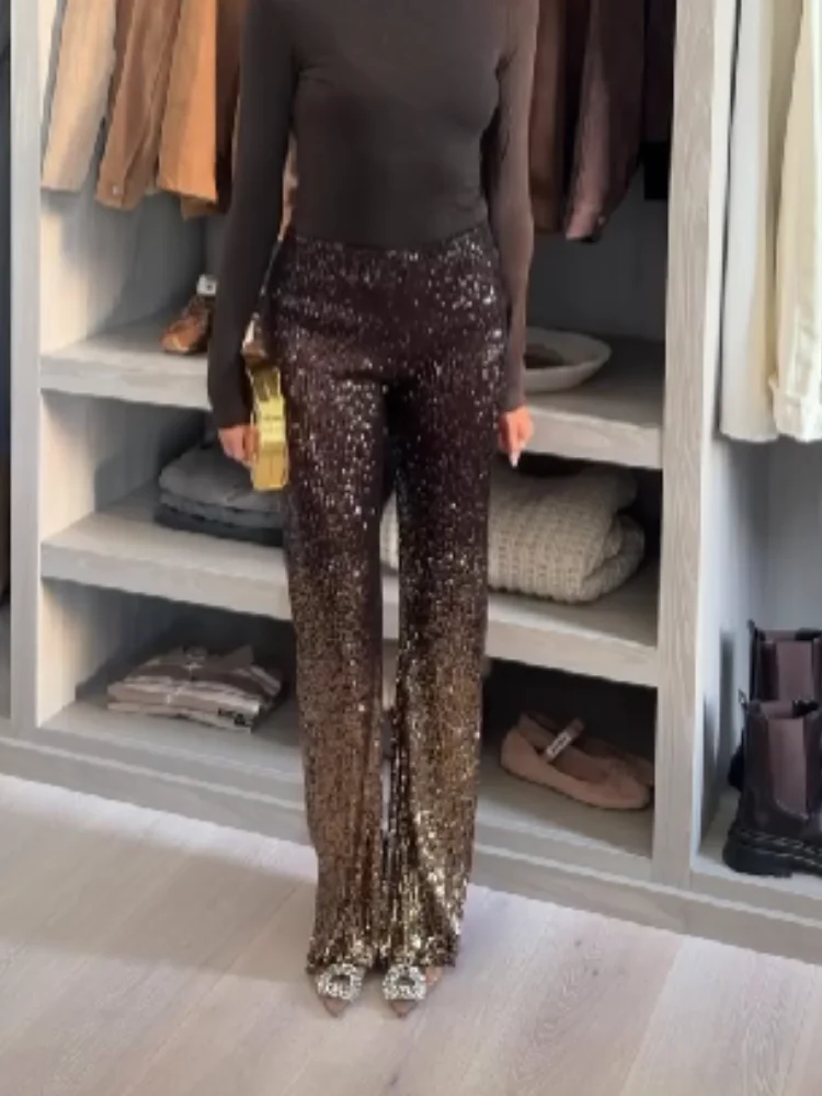

Шикарные брюки-клеш с градиентом и блестками, женские модные прямые широкие брюки с высокой талией, длинные брюки 2026, женская весенне-осенняя уличная шикарная одежда