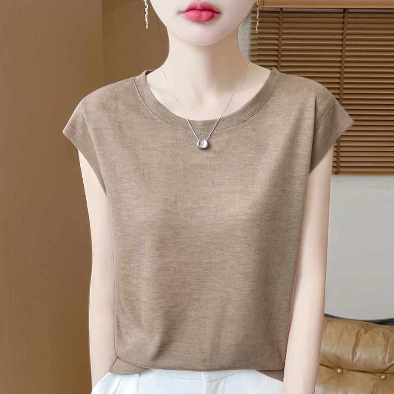 

Summer New Acetic Acid Satin Round Neck Women's Short Temperament Lace Stitching Short Sleeve Joker T-shirt