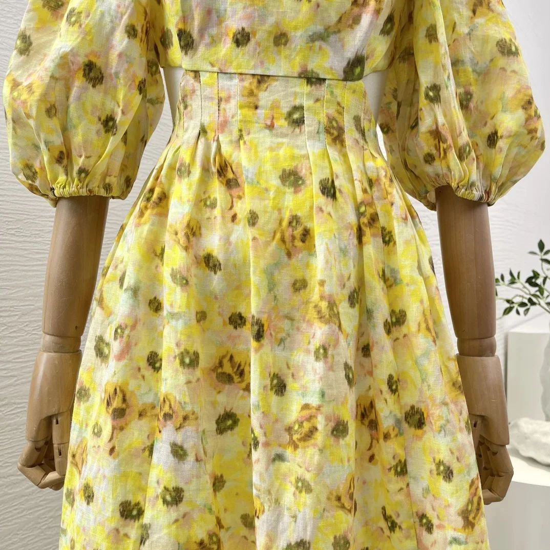 2025年ニューファッション女性服イエロー花柄プリントカットアウトウエストバックレスハーフスリーブスクエアカラーミディドレス