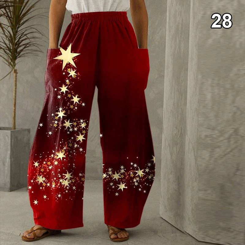 Unisex Christmas Digital Printing Pants Cartoon Fashion Loose Casual Big Pockets Wide Leg Pants Christmas Lantern Trousers