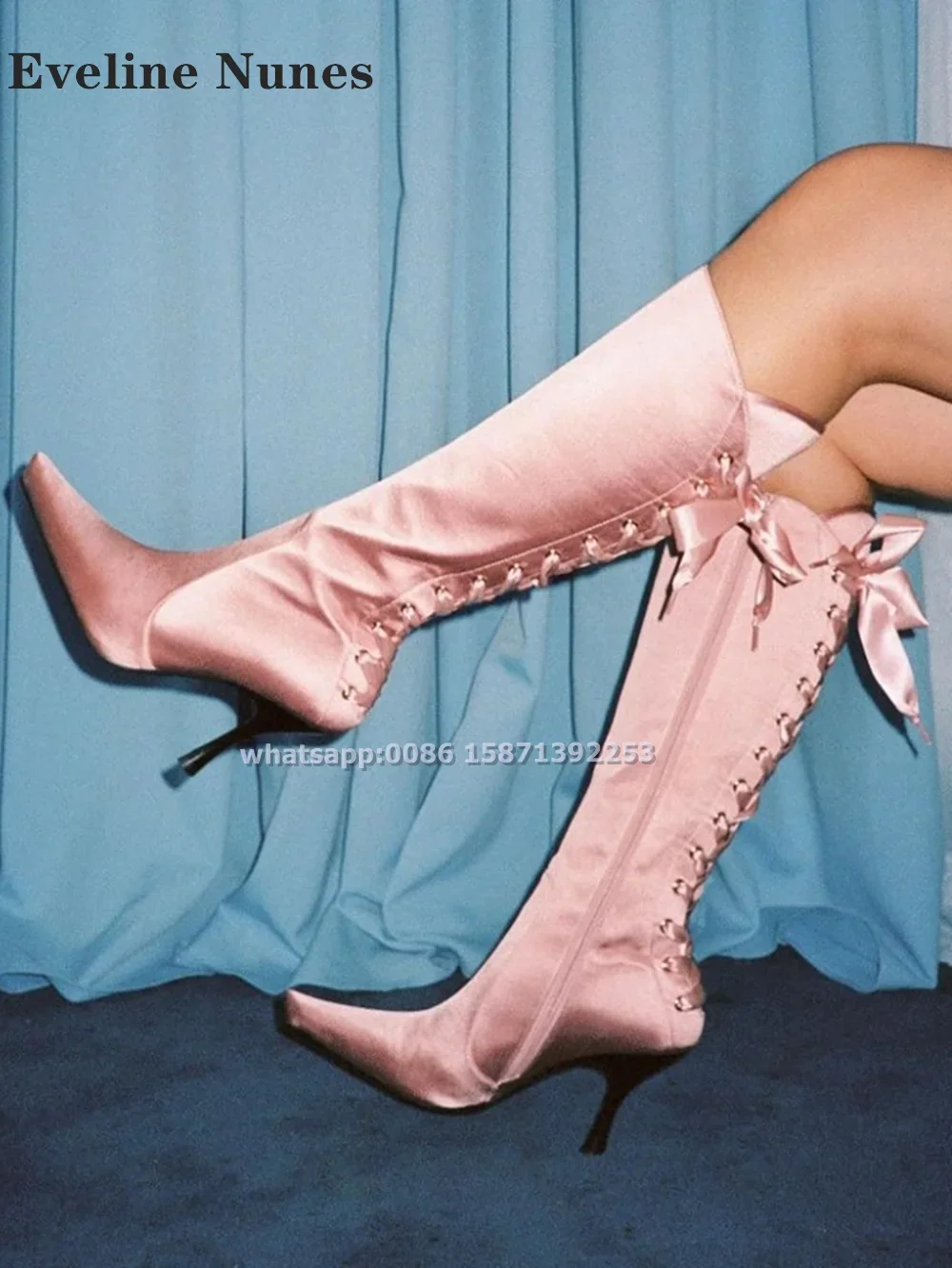 

Bow Satin Lace-Up Pink Knee-High Boot Victorian-Inspired Side Zipper Splicing Solid Sweet Modern Boots Sexy Plus Size Shoes 2024