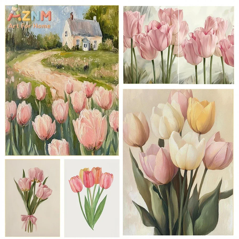 AZNM Vintage Oil Painting Tulip Canvas Print Pastel Pink Floral Country Cottage Landscape Unframed Canvas Wall Art Farmhouse Liv