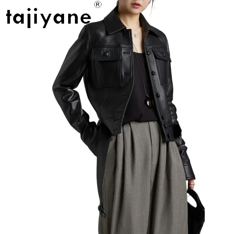 TAJIYANE 100% Sheepskin Genuine Leather Jacket Woman Black Outerwear Belted Leather Coat Cropped Jackets for Woman Slim Fit 자켓