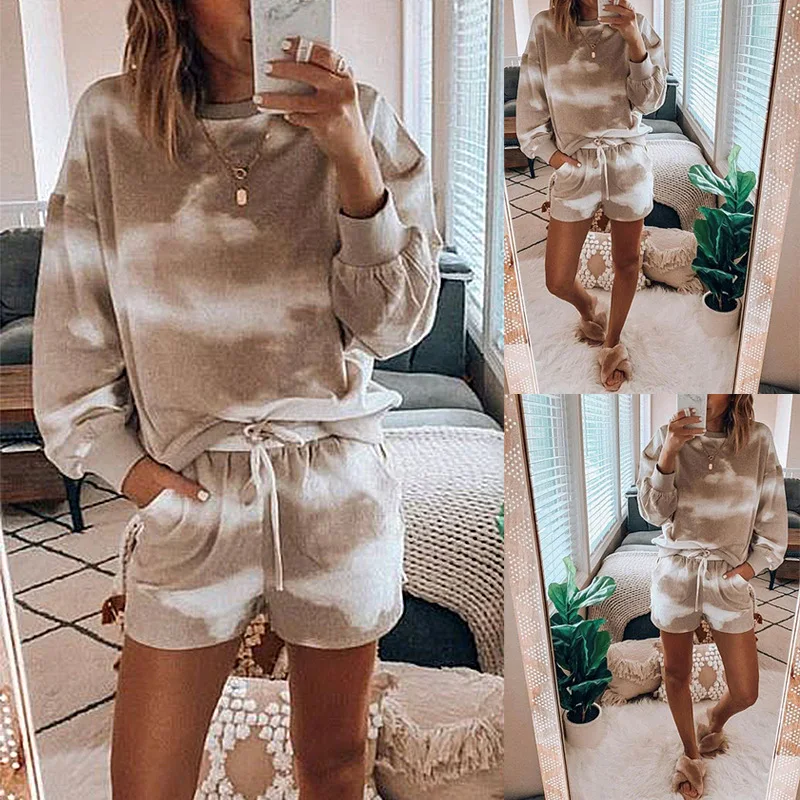 Casual Blouse Suit Shorts 2 Two-piece Sets Tie-dye Print Long Sleeve Loose Outfits for Women Vintage Drawstring Clothes 27093