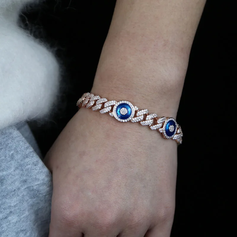 Hip Hop 5A+ CZ Stone Bling Iced Out 9mm Blue Eyes Cuban Chain Bracelet Women And Men Hip Hop Jewlery Rose Gold Color