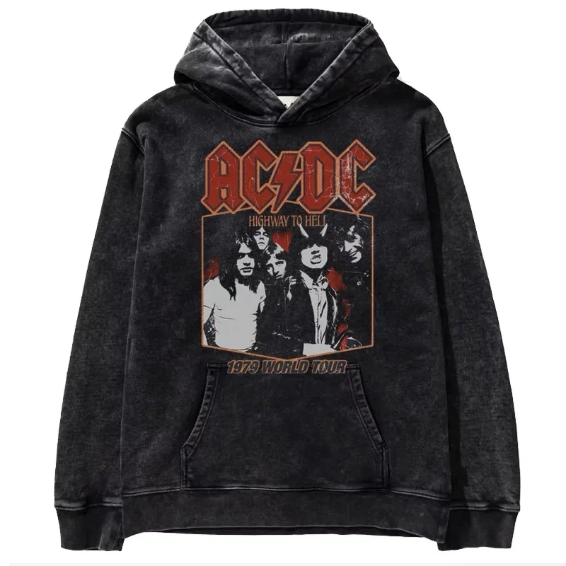 80 Years ACDC Band Music Rock Oversize American Retro Done Old Washed Batik Loose Plus Size Hooded Sweater