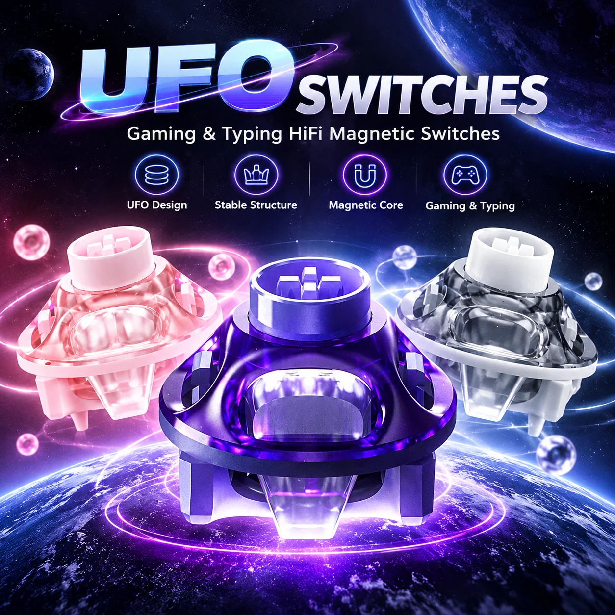 GravaStar UFO Magnetic Switch Purple/Silver Mist/Peach HIFI Mahjong Sound Sealed Chamber 23mm Spring Keyboard Switches