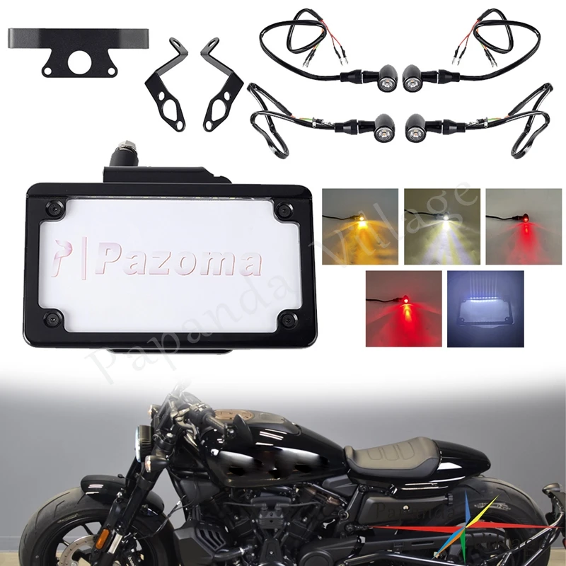 

Motorcycle Side Mount License Plate Bracket Frame LED Front/Rear Turn Signals Tail Lights For Harley Sportster S RH1250S 2021-24