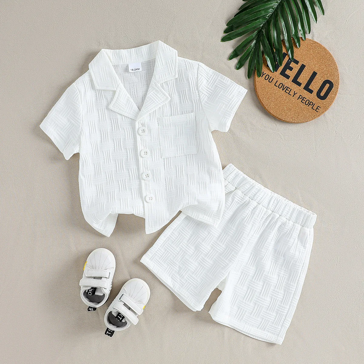 Baby Boys Solid Plaid Outfit Toddlers Summer Autumn  Lapel Short Sleeve Single-Breasted Tops Shorts Set For 1-6Y Daily Casual