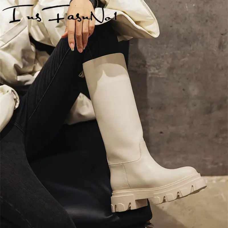 Flat Platform Women Knee Boots White Chunky Bottom British Style Fashion Genuine Leather Botas Mujer Slip On Brand Designer Shoe