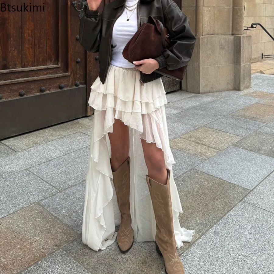New Women Casual Apricot Loose Skirt Fashion High Waist Pleated A Line Floor Length Skirt Elegant Irregular Hem Long Maxi Skirt